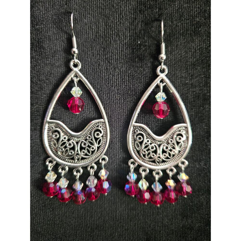Antique silver teardrop and cranberry glass beaded chandelier earrings